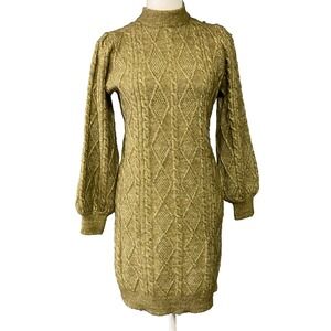 Ophelia Roe Sweater Dress Womens Large Olive Green Cable Knit Long Sleeve Mock N
